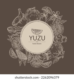 Background with yuzu: fruts, leaves, yuzu slice and bath salt, soap and beauty products. Citrus junos. Cosmetic, perfumery and medical plant. Vector hand drawn illustration.