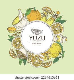 Background with yuzu: fruts, leaves, yuzu slice and bath salt, soap and beauty products. Citrus junos. Cosmetic, perfumery and medical plant. Vector hand drawn illustration.