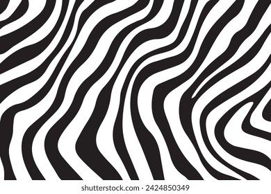Fondo con rayas de cebra. Banner horizontal con líneas curvas llamativas y elegantes. Papel pintado blanco y negro. Ilustración vectorial.