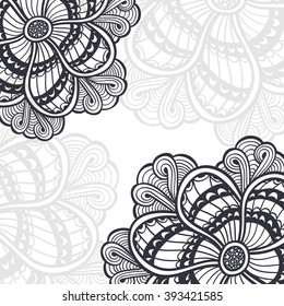 Background with  Zen doodle or Zen tangle flowers black on white for coloring page or relax coloring book or wallpaper or for decorate package clothes or different things