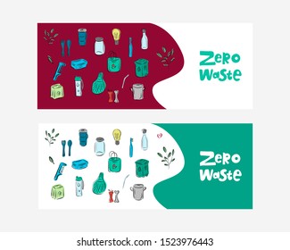  background with zero waste objects. Hand drawn flat style. Eco lifestyle. Save planet. Care of nature. Online store. template, mailing, advertising, header, banner, label. 