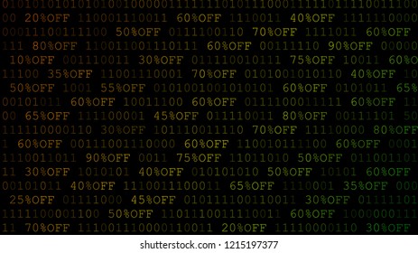 Background of zeros, ones and amount of discount in dark yellow and green colors