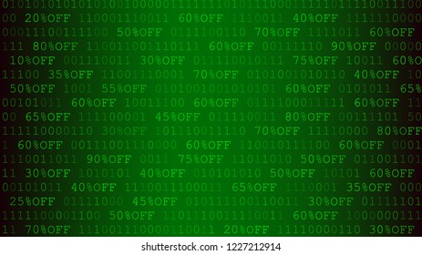 Background of zeros, ones and amount of discount in green colors