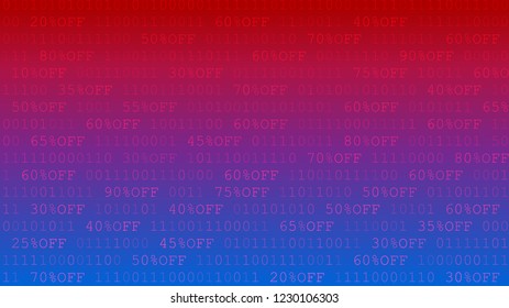 Background of zeros, ones and amount of discount in red and blue colors