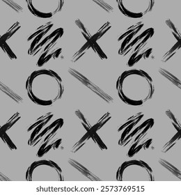 Background with zigzags, crosses and zeros. Ink illustration. Hand drawn seamless pattern of shapes. Dry brush and ink with jagged edges. Abstract vector background.