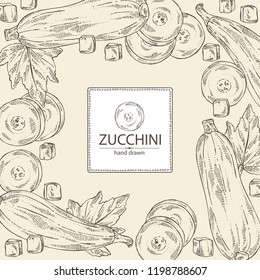 Background with zucchini: full zucchini, slice of zucchini and leaf. Vector hand drawn illustration.