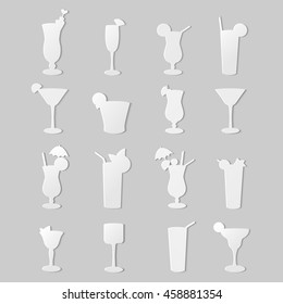 The background,consisting of silhouettes cocktails.A set of sixteen cocktails isolated on gray background.