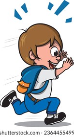 Backgroundless vector illustration of adorable little boy running very excited with his school uniform and his backpack on his back.