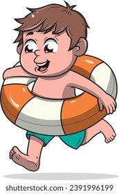 Backgroundless vector illustration of little boy running with a pool float.