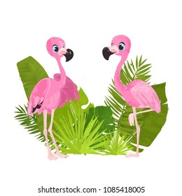 Background/print with tropical leaves and cute flamingo. The concept of vacation and summer holiday. Vector Illustration.