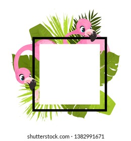Background/print with tropical leaves and cute flamingo. The concept of vacation and summer holiday. Vector Illustration.