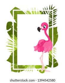 Background/print with tropical leaves and cute flamingo. The concept of vacation and summer holiday. Vector Illustration.