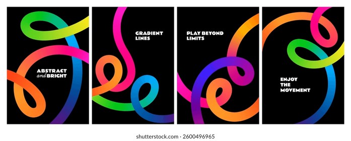 Backgrounds with Abstract Color Lines. Wave Color Shapes Pattern. Rainbow Colored Fluid Graphic Elements. Posters with 3D Wavy and Spiral Ribbons