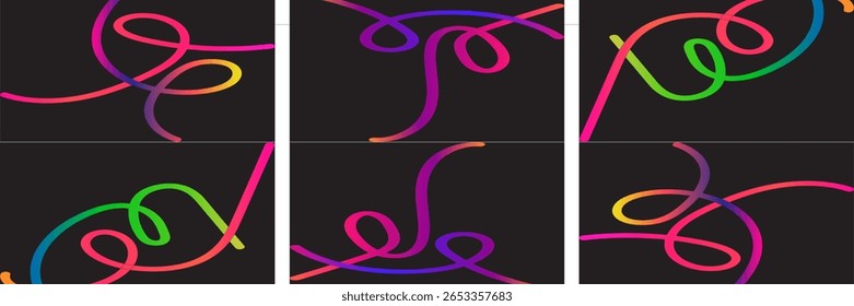 Planos de fundo com linhas de cores abstratas. Padrão De Formas De Cor De Onda. Elementos gráficos fluidos coloridos em arco-íris. Cartazes com 3D ondulado e fitas espiral