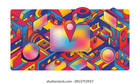 Backgrounds Abstract Dynamic Fluid. Vibrant geometric art displays a dynamic cityscape with a prominent location marker, symbolizing navigation and discovery in a colorful, abstract world.