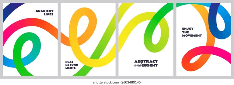 Backgrounds with Abstract Gradient Lines. Color Patterns with 3d Wave Shapes. Vector Curve Rainbow Ribbons. Poster Design with Dynamic Graphic