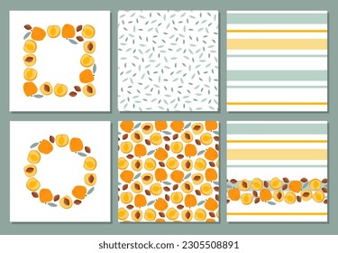 Backgrounds with apricot fruits. Frames and pattern set. Abstract Seamless pattern with apricot, leaves, strips on white background. Backgrounds for textile, wrapping paper, wallpaper, cover design