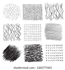 Backgrounds with array of lines. Intricate chaotic textures. Wavy backdrops. Hand drawn tangled patterns. Black and white illustration. Elements for posters and flyers