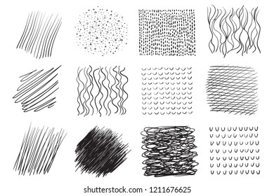 Backgrounds with array of lines. Intricate chaotic textures. Wavy backdrops. Hand drawn tangled patterns. Black and white illustration. Elements for posters and flyers