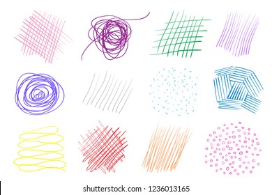 Backgrounds with array of lines. Intricate chaotic textures on white. Wavy backdrops. Hand drawn tangled patterns. Colorful illustration. Elements for posters and flyers