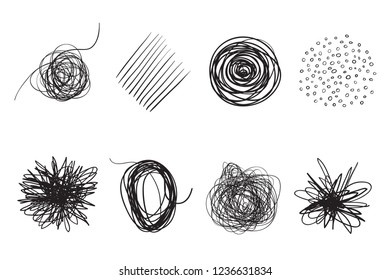 Backgrounds with array of lines on white. Intricate chaotic textures. Wavy backdrops. Hand drawn tangled patterns. Black and white illustration. Elements for design