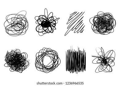 Backgrounds with array of lines on white. Intricate chaotic textures. Wavy backdrops. Hand drawn tangled patterns. Black and white illustration. Elements for design