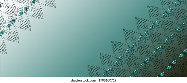 
Backgrounds for banners in oriental style. Palms frame with eye on green gradient. Black outline and turquoise pupil of the eye. Bording for text decoration. Oriental motives.