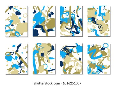 Backgrounds with Brush Strokes. Set of 8 Colorful Light Cover Designs. Trendy Hipster Cards with Colorful Blots on White Background. Light Editable Patterns made with Clipping Mask