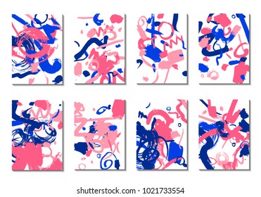 Backgrounds with Brush Strokes. Set of 8 Colorful Light Cover Designs. Trendy Hipster Cards with Colorful Blots on White Background. Light Editable Patterns made with Clipping Mask