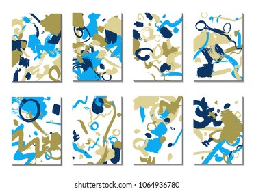 Backgrounds with Brush Strokes. Set of 8 Colorful Light Cover Designs. Trendy Hipster Cards with Colorful Blots on White Background. Light Editable Patterns made with Clipping Mask