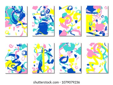 Backgrounds with Brush Strokes. Set of 8 Colorful Light Cover Designs. Trendy Hipster Cards with Colorful Blots on White Background. Light Editable Patterns made with Clipping Mask