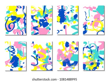Backgrounds with Brush Strokes. Set of 8 Colorful Light Cover Designs. Trendy Hipster Cards with Colorful Blots on White Background. Light Editable Patterns made with Clipping Mask