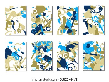 Backgrounds with Brush Strokes. Set of 8 Colorful Light Cover Designs. Trendy Hipster Cards with Colorful Blots on White Background. Light Editable Patterns made with Clipping Mask