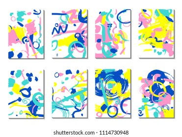 Backgrounds with Brush Strokes. Set of 8 Colorful Light Cover Designs. Trendy Hipster Cards with Colorful Blots on White Background. Light Editable Patterns made with Clipping Mask
