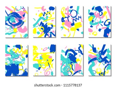 Backgrounds with Brush Strokes. Set of 8 Colorful Light Cover Designs. Trendy Hipster Cards with Colorful Blots on White Background. Light Editable Patterns made with Clipping Mask