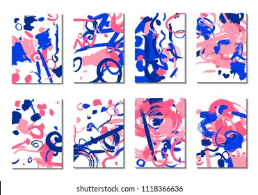 Backgrounds with Brush Strokes. Set of 8 Colorful Light Cover Designs. Trendy Hipster Cards with Colorful Blots on White Background. Light Editable Patterns made with Clipping Mask