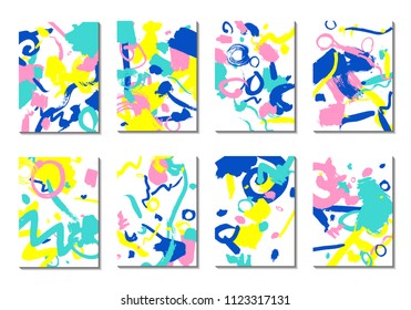 Backgrounds with Brush Strokes. Set of 8 Colorful Light Cover Designs. Trendy Hipster Cards with Colorful Blots on White Background. Light Editable Patterns made with Clipping Mask