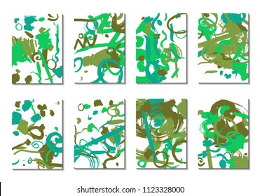 Backgrounds with Brush Strokes. Set of 8 Colorful Light Cover Designs. Trendy Hipster Cards with Colorful Blots on White Background. Light Editable Patterns made with Clipping Mask