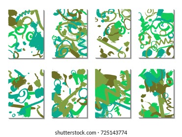 Backgrounds with Brush Strokes. Set of 8 Colorful Light Cover Designs. Trendy Hipster Cards with Colorful Blots on White Background. Light Editable Patterns made with Clipping Mask