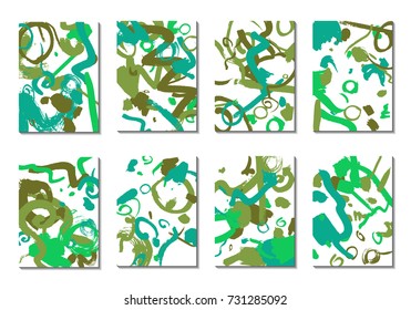 Backgrounds with Brush Strokes. Set of 8 Colorful Light Cover Designs. Trendy Hipster Cards with Colorful Blots on White Background. Light Editable Patterns made with Clipping Mask