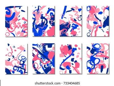 Backgrounds with Brush Strokes. Set of 8 Colorful Light Cover Designs. Trendy Hipster Cards with Colorful Blots on White Background. Light Editable Patterns made with Clipping Mask