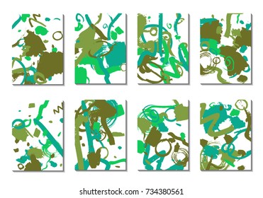 Backgrounds with Brush Strokes. Set of 8 Colorful Light Cover Designs. Trendy Hipster Cards with Colorful Blots on White Background. Light Editable Patterns made with Clipping Mask
