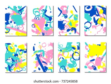Backgrounds with Brush Strokes. Set of 8 Colorful Light Cover Designs. Trendy Hipster Cards with Colorful Blots on White Background. Light Editable Patterns made with Clipping Mask