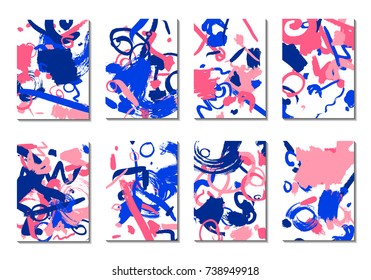 Backgrounds with Brush Strokes. Set of 8 Colorful Light Cover Designs. Trendy Hipster Cards with Colorful Blots on White Background. Light Editable Patterns made with Clipping Mask