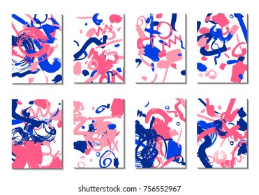 Backgrounds with Brush Strokes. Set of 8 Colorful Light Cover Designs. Trendy Hipster Cards with Colorful Blots on White Background. Light Editable Patterns made with Clipping Mask