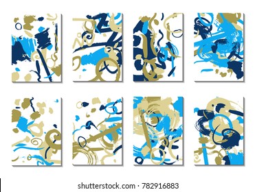 Backgrounds with Brush Strokes. Set of 8 Colorful Light Cover Designs. Trendy Hipster Cards with Colorful Blots on White Background. Light Editable Patterns made with Clipping Mask