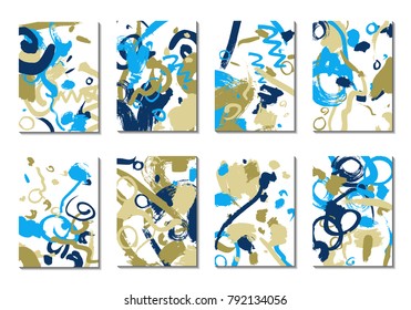 Backgrounds with Brush Strokes. Set of 8 Colorful Light Cover Designs. Trendy Hipster Cards with Colorful Blots on White Background. Light Editable Patterns made with Clipping Mask
