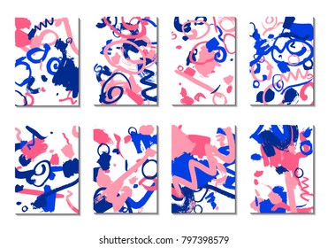 Backgrounds with Brush Strokes. Set of 8 Colorful Light Cover Designs. Trendy Hipster Cards with Colorful Blots on White Background. Light Editable Patterns made with Clipping Mask