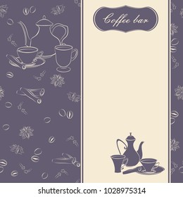 Backgrounds with coffee pots, cups and spices. Coffee beans, anise, cinnamon, cloves sprigs.