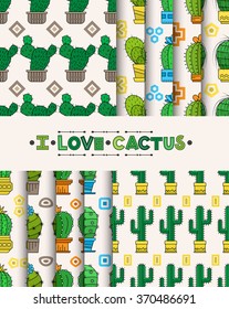 Backgrounds collection of cacti. Vector Seamless background with cactuses. Cactus plants pattern. I love cactus